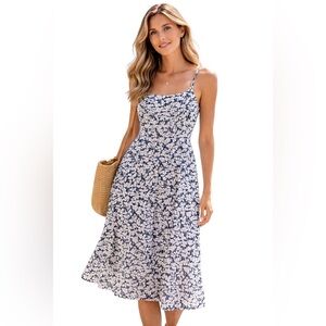 GAP Navy White Floral Midi Dress Ruched Back Strappy Summer Sundress Size L